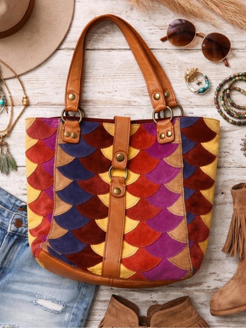 LUCKY BRAND MultiColor Scallop Patchwork Leather Shoulder Boho Tote